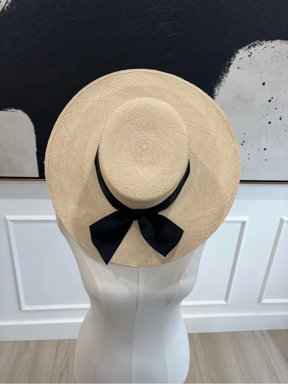 Straw Sun Hat with Black Bow - Women's Beach Hat